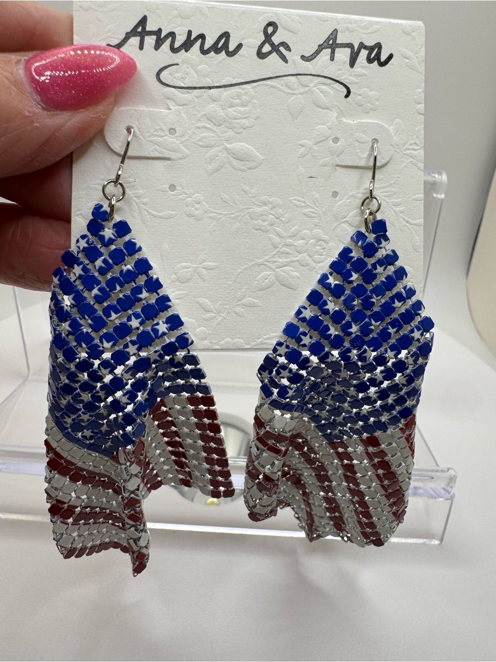 Anna & Ava Patriotic Red White Blue Flag Drop Earrings NWT - Picture 2 of 3